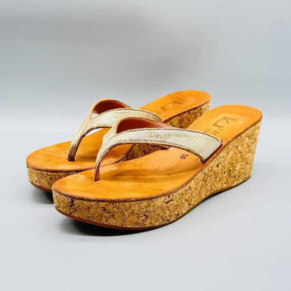 K Jacques St Tropez Sandals Womens 8 Gold Leather Wedge Platform Cork Thong Shoe - Picture 4 of 12